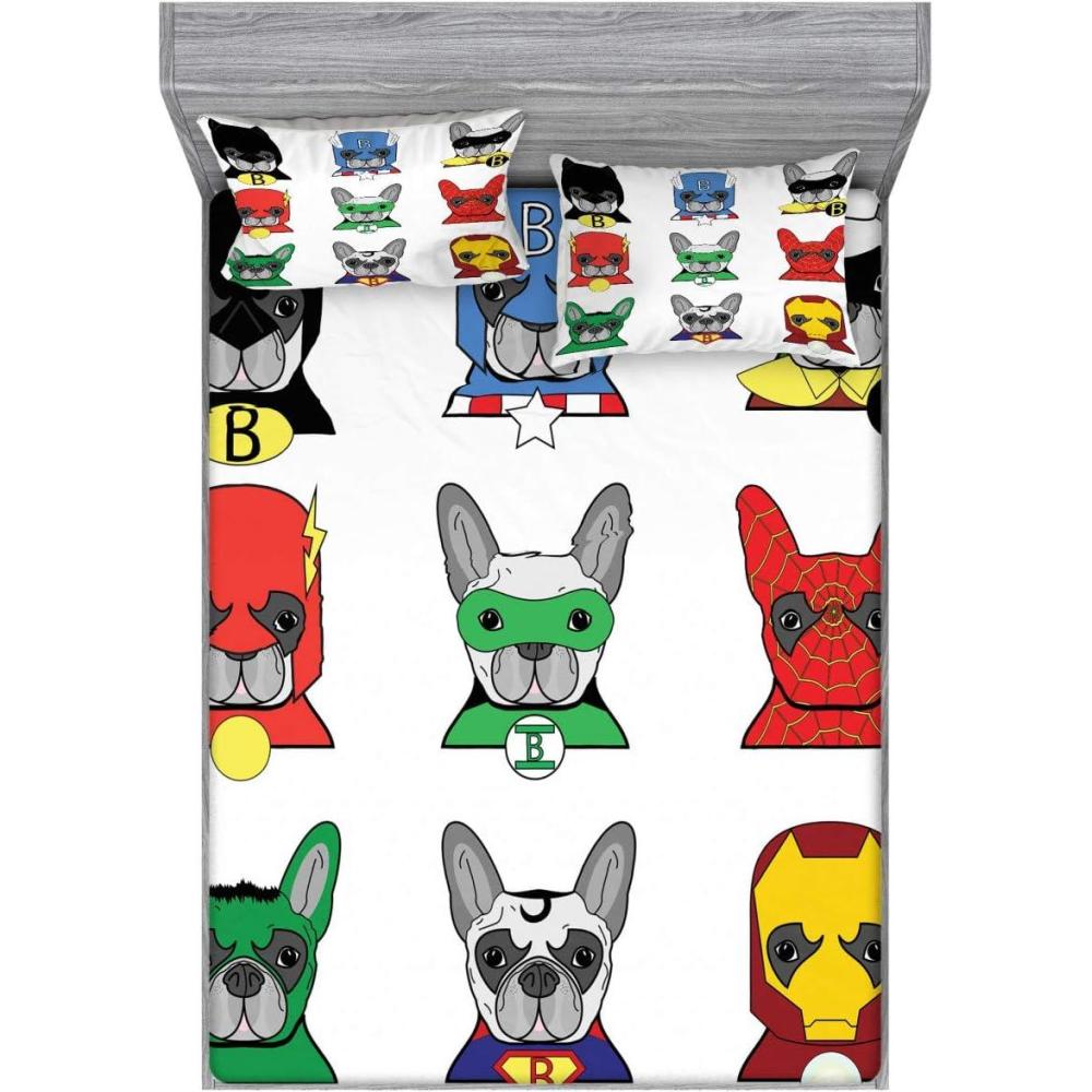 imageAmbesonne Superhero Fitted Sheet amp Pillow Sham Set Bulldog Superheroes Fun Cartoon Puppies in Disguise Costume Dogs Masks Print Decorative Printed 3 Piece Bedding Decor Set Queen Green White