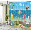 Ambesonne Animal Shower Curtain, Funny Sea Animals Underwater Ocean View Sail Boat Palm Trees Cartoon Art, Cloth Fabric Bathroom Decor Set with Hooks, 69″ W x 70″ L, Multicolor Sea Blue Sky Blue