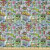 Ambesonne Cartoon Fabric by The Yard, Hot Air Balloons Flying Through The Sky with Birds, Microfiber Fabric for Arts and Crafts Textiles & Decor, 1 Yard, Teal Cream(Green Pink)