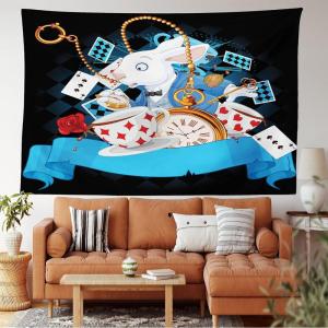 Ambesonne Alice in Wonderland Tapestry King Size, Rabbit Motion Cups Hearts and Flower Character Alice Cartoon Style, Wall Hanging Bedspread Bed Cover Wall Decor, 104″ X 88″, Black Blue