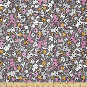 Ambesonne Cartoon Fabric by The Yard, Hot Air Balloons Flying Through The Sky with Birds, Microfiber Fabric for Arts and Crafts Textiles & Decor, 1 Yard, Teal Cream(Grey Pink)
