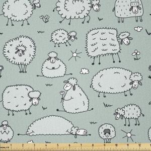 Ambesonne Cartoon Fabric by The Yard, Hot Air Balloons Flying Through The Sky with Birds, Microfiber Fabric for Arts and Crafts Textiles & Decor, 1 Yard, Teal Cream(Pale Grey Green)
