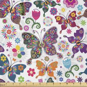 Ambesonne Cartoon Fabric by The Yard, Hot Air Balloons Flying Through The Sky with Birds, Microfiber Fabric for Arts and Crafts Textiles & Decor, 1 Yard, Teal Cream(Purple Orange)