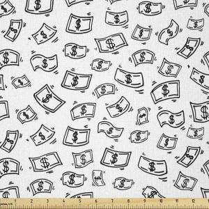 Ambesonne Cartoon Fabric by The Yard, Hot Air Balloons Flying Through The Sky with Birds, Microfiber Fabric for Arts and Crafts Textiles & Decor, 1 Yard, Teal Cream(Black White)