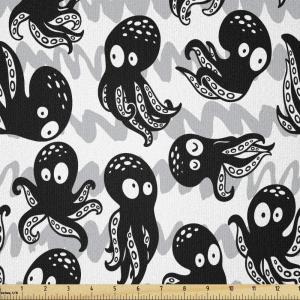 Ambesonne Cartoon Fabric by The Yard, Hot Air Balloons Flying Through The Sky with Birds, Microfiber Fabric for Arts and Crafts Textiles & Decor, 1 Yard, Teal Cream(Black Grey White)