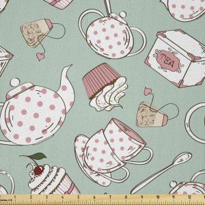 Ambesonne Cartoon Fabric by The Yard, Hot Air Balloons Flying Through The Sky with Birds, Microfiber Fabric for Arts and Crafts Textiles & Decor, 1 Yard, Teal Cream(Green Coral)