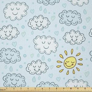 Ambesonne Cartoon Fabric by The Yard, Hot Air Balloons Flying Through The Sky with Birds, Microfiber Fabric for Arts and Crafts Textiles & Decor, 1 Yard, Teal Cream(Pale Blue Indigo)