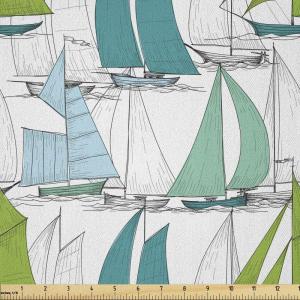 Ambesonne Cartoon Fabric by The Yard, Hot Air Balloons Flying Through The Sky with Birds, Microfiber Fabric for Arts and Crafts Textiles & Decor, 1 Yard, Teal Cream(Teal Green)