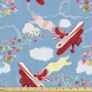 Ambesonne Cartoon Fabric by The Yard, Hot Air Balloons Flying Through The Sky with Birds, Microfiber Fabric for Arts and Crafts Textiles & Decor, 1 Yard, Teal Cream(Blue Red)