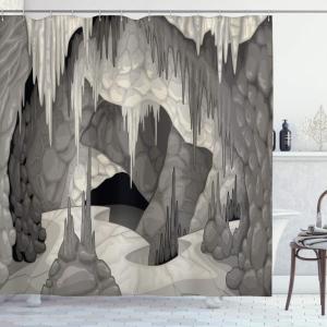 Ambesonne Cave Shower Curtain, Inside The Cavern with Stalagmites Speleology Theme Cartoon Style Grotto in Greyscale, Cloth Fabric Bathroom Decor Set with Hooks, 69″ W x 75″ L, Pearl Grey
