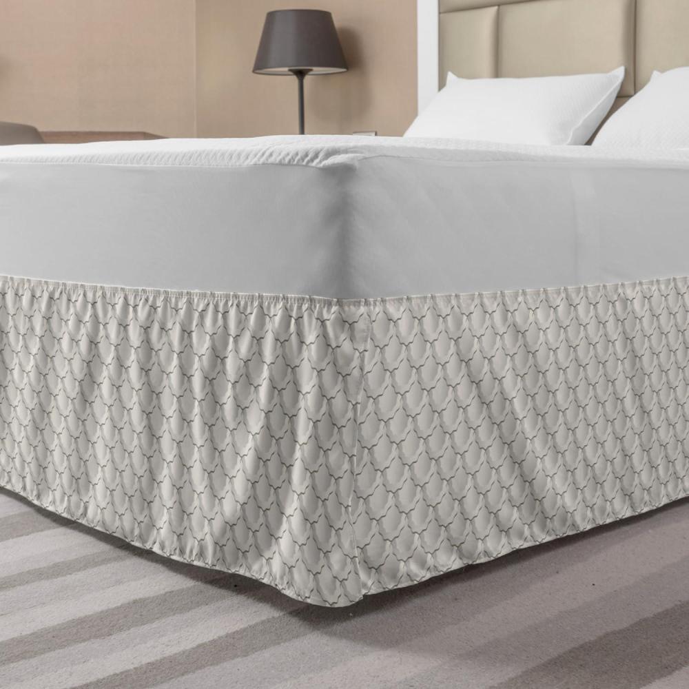 imageAmbesonne Neutral Color Elastic Bed Skirt Continuing Overlapped Asian Style Inspired Motifs Graphic Ecru Layout Wrap Around Fabric Bedskirt Dust Ruffle for Bedroom King Dust Pale Eggshell