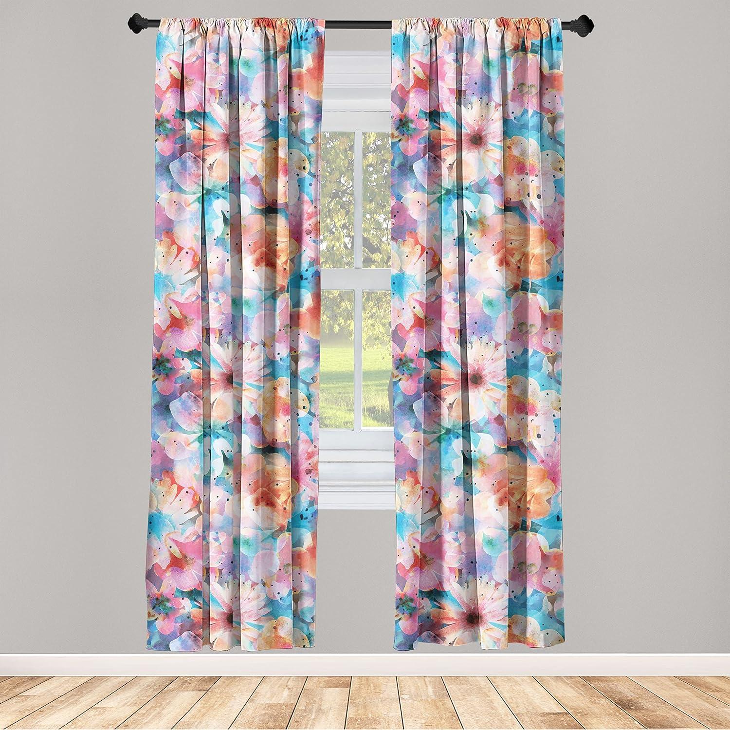 imageAmbesonne Floral Curtains Vintage Style Blooming Pastel Hibiscus and Rose Flowers with Leaves Window Treatments 2 Panel Set for Living Room Bedroom Pair of 28 x 84 Lilac Seafoam and GreenSky Blue Salmon and Pink