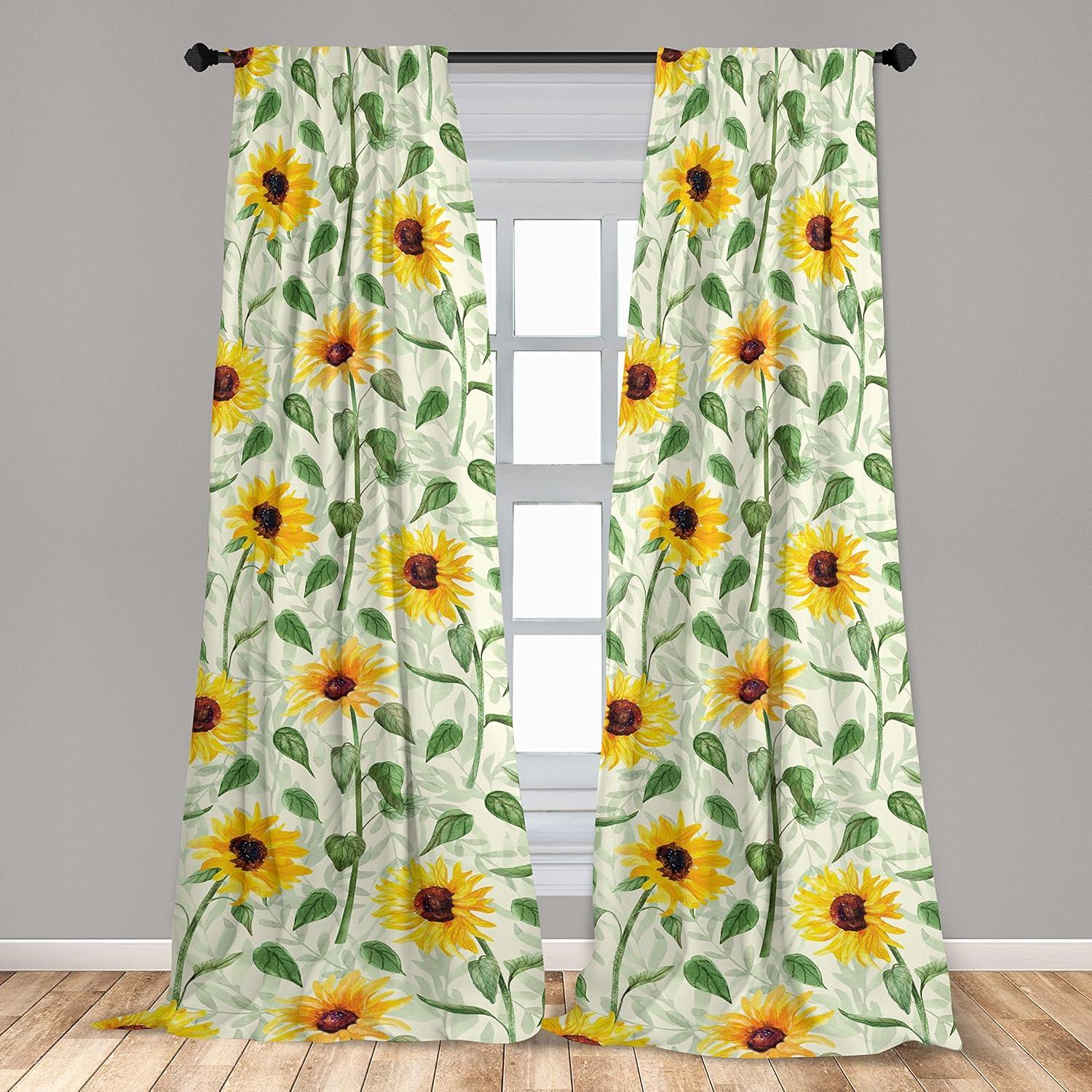 imageAmbesonne Floral Curtains Vintage Style Blooming Pastel Hibiscus and Rose Flowers with Leaves Window Treatments 2 Panel Set for Living Room Bedroom Pair of 28 x 84 Lilac Seafoam and GreenEarth Yellow and Green