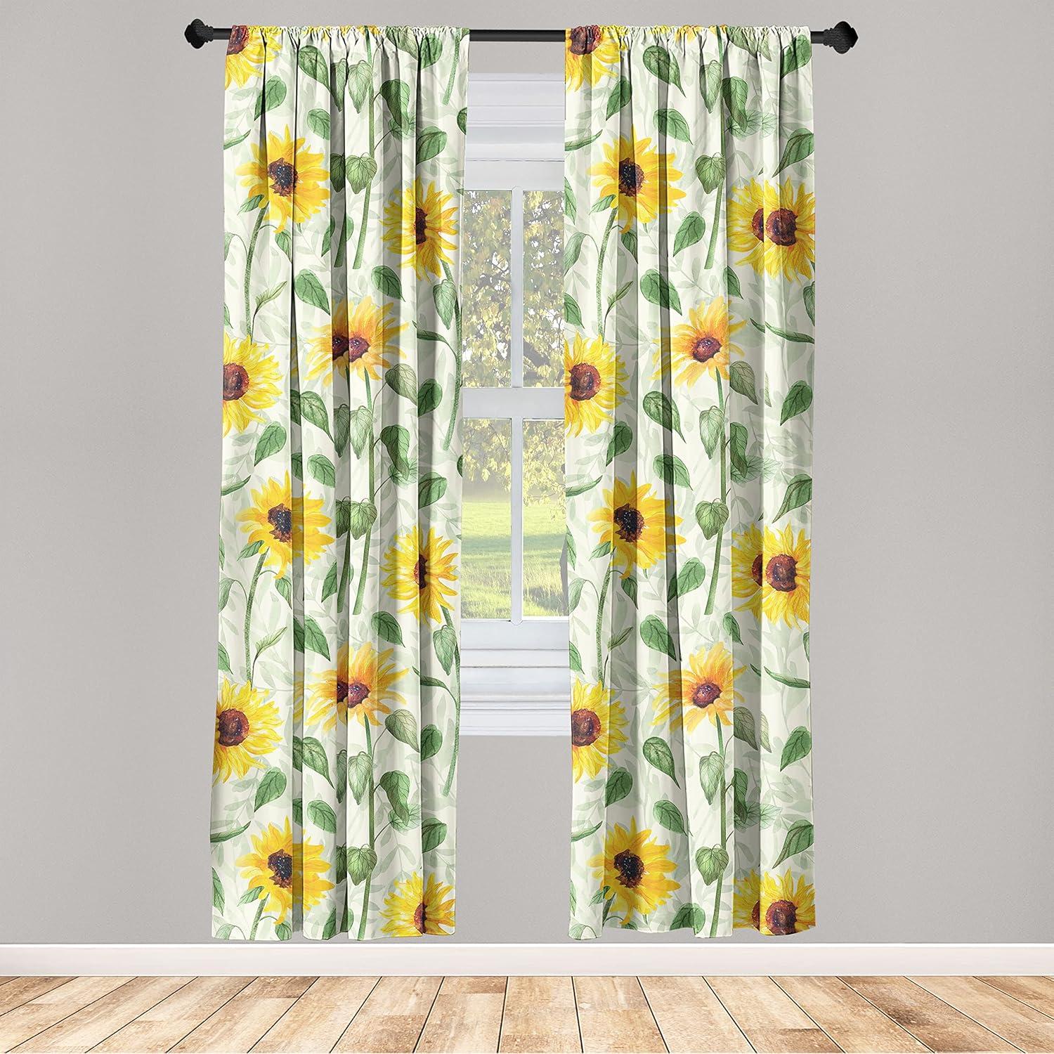 imageAmbesonne Floral Curtains Vintage Style Blooming Pastel Hibiscus and Rose Flowers with Leaves Window Treatments 2 Panel Set for Living Room Bedroom Pair of 28 x 84 Lilac Seafoam and GreenEarth Yellow and Green