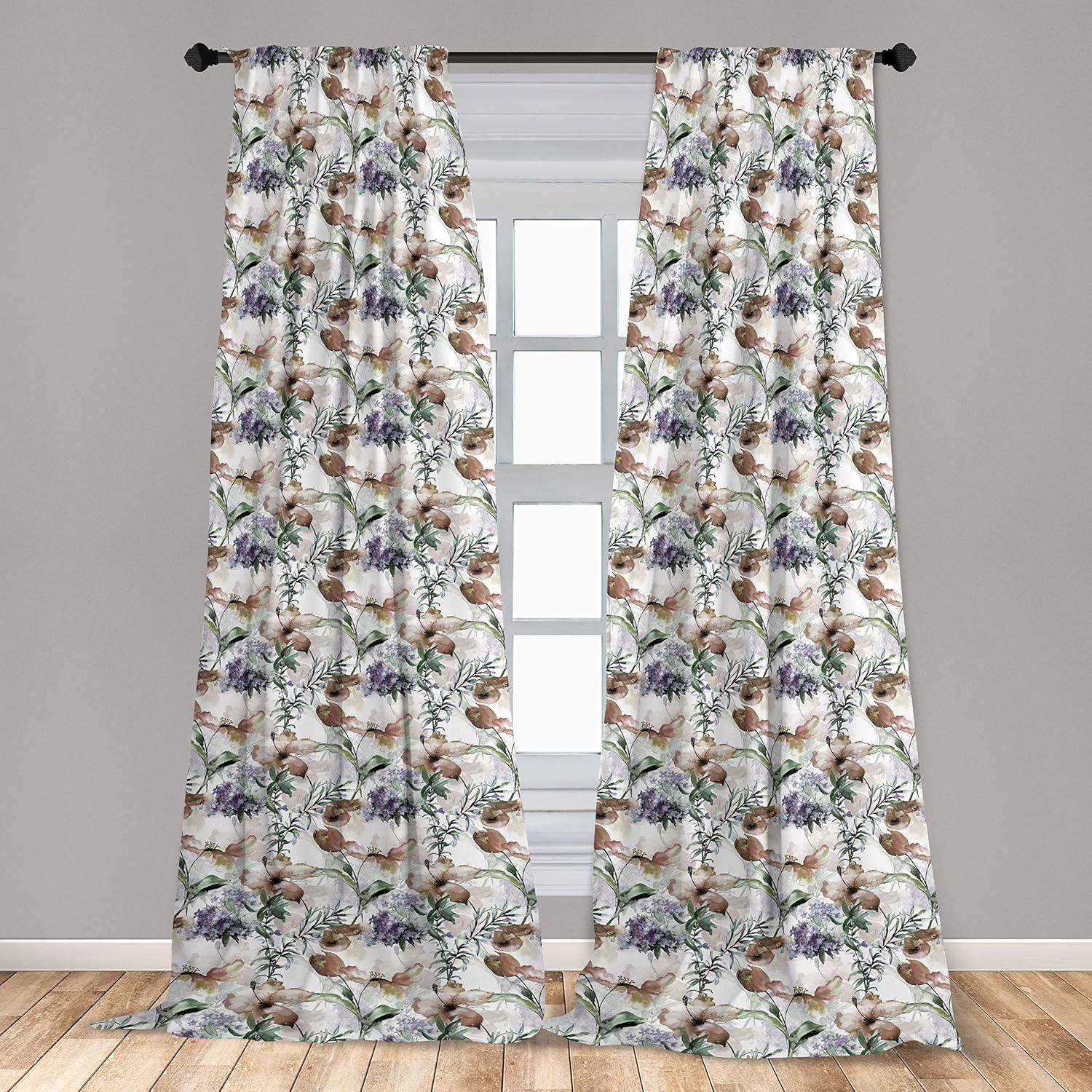 imageAmbesonne Floral Curtains Watercolor Themed Pattern of Blooming Retro Spring Revival Flowers Window Treatments 2 Panel Set for Living Room Bedroom Pair of 28 x 63 Lilac White and Slate BrownCocoa Quartz and Green