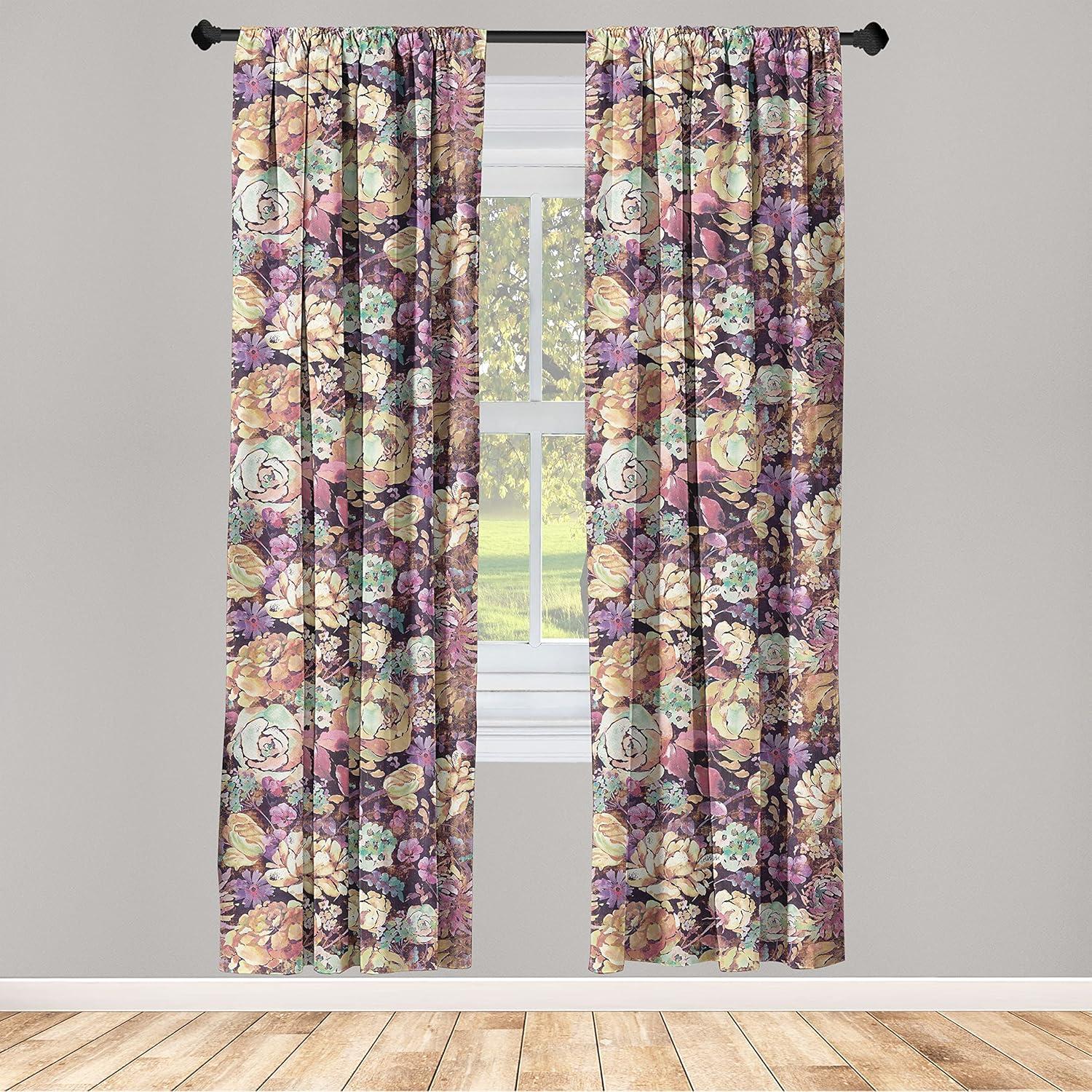 imageAmbesonne Floral Curtains Watercolor Themed Pattern of Blooming Retro Spring Revival Flowers Window Treatments 2 Panel Set for Living Room Bedroom Pair of 28 x 63 Lilac White and Slate BrownDark Purple Amber