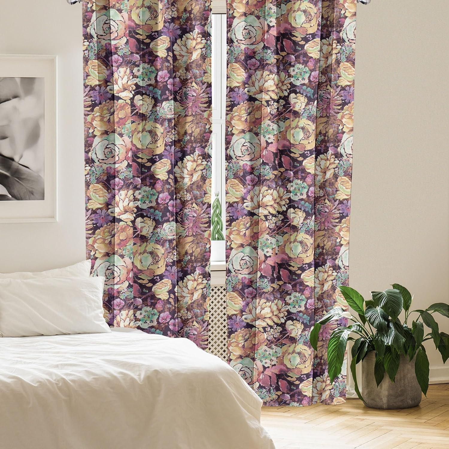 imageAmbesonne Floral Curtains Watercolor Themed Pattern of Blooming Retro Spring Revival Flowers Window Treatments 2 Panel Set for Living Room Bedroom Pair of 28 x 63 Lilac White and Slate BrownDark Purple Amber