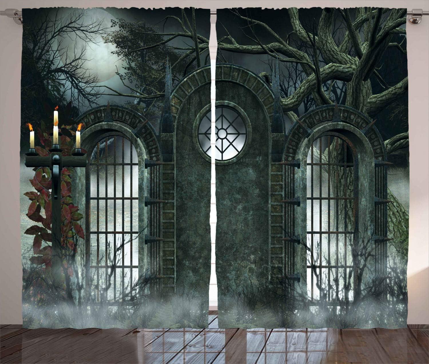 imageAmbesonne Horror House Curtains Moon Halloween Historical Gate Gothic Background Candles Fiction View Print Living Room Bedroom Window Drapes 2 Panel Set 108 X 84 Green BlueGreen Blue