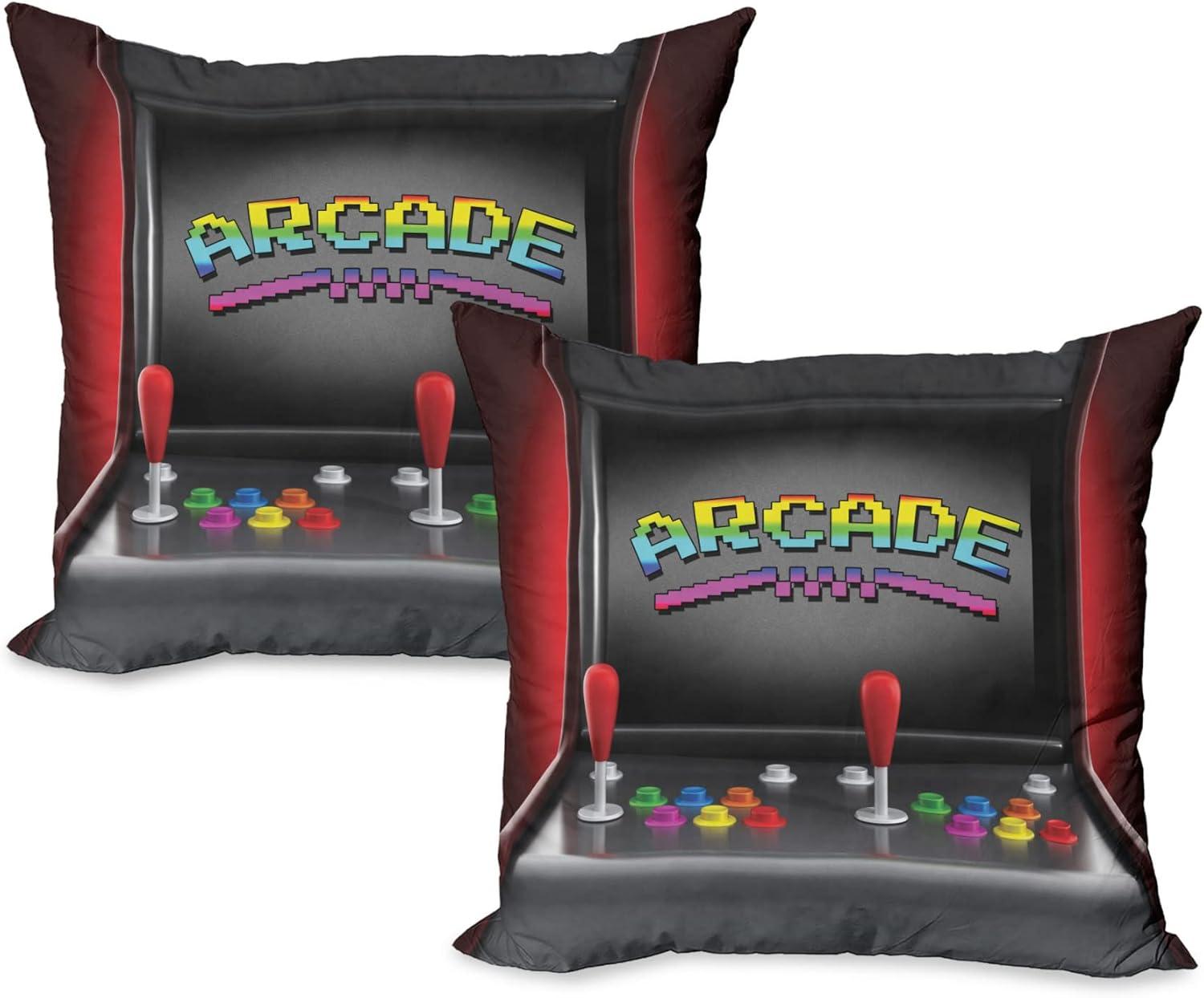 imageAmbesonne Video Games Decorative Throw Pillow Case Pack of 2 Arcade Machine Retro Gaming Fun Joystick Buttons Vintage 80s 90s Electronic Couch Bedroom Living Room Cushion Cover 16 Charcoal Red