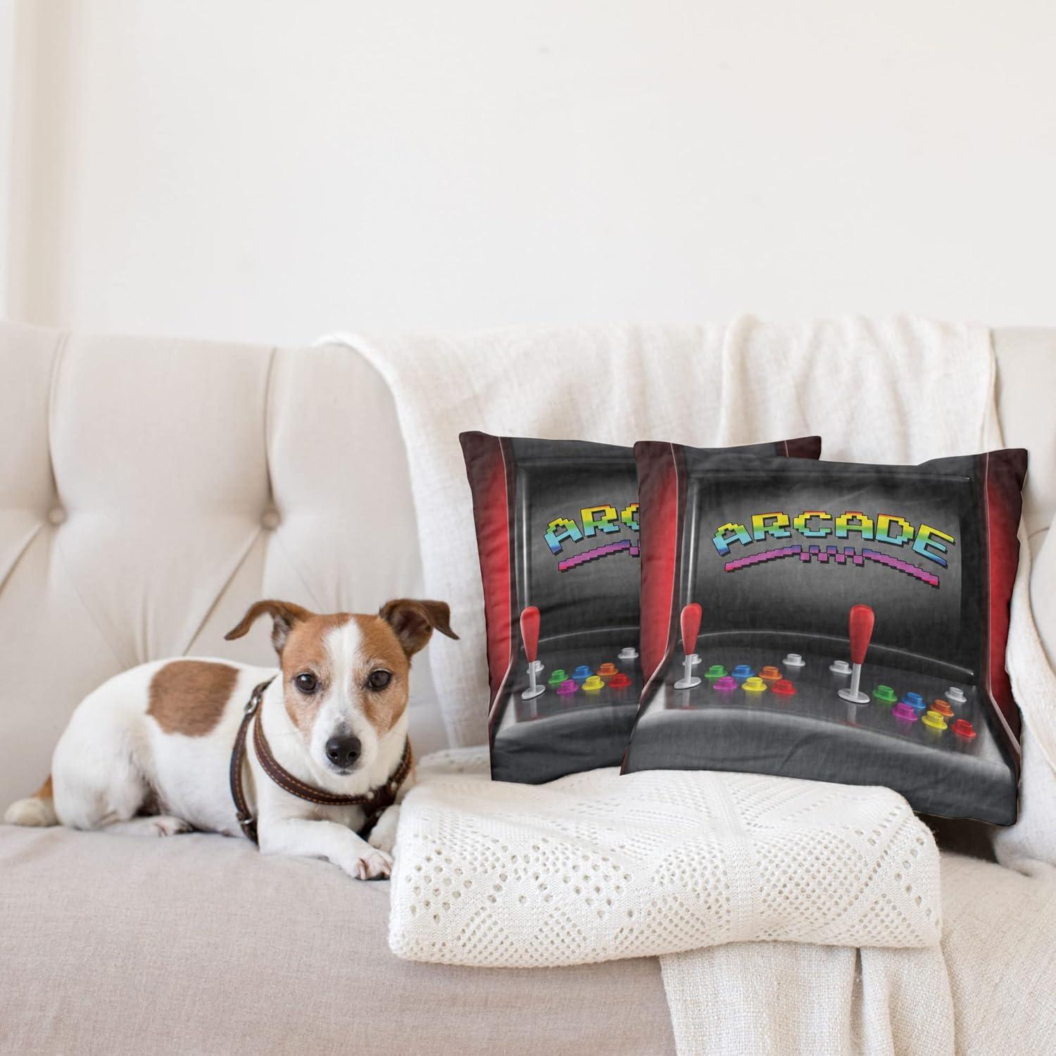 imageAmbesonne Video Games Decorative Throw Pillow Case Pack of 2 Arcade Machine Retro Gaming Fun Joystick Buttons Vintage 80s 90s Electronic Couch Bedroom Living Room Cushion Cover 16 Charcoal Red