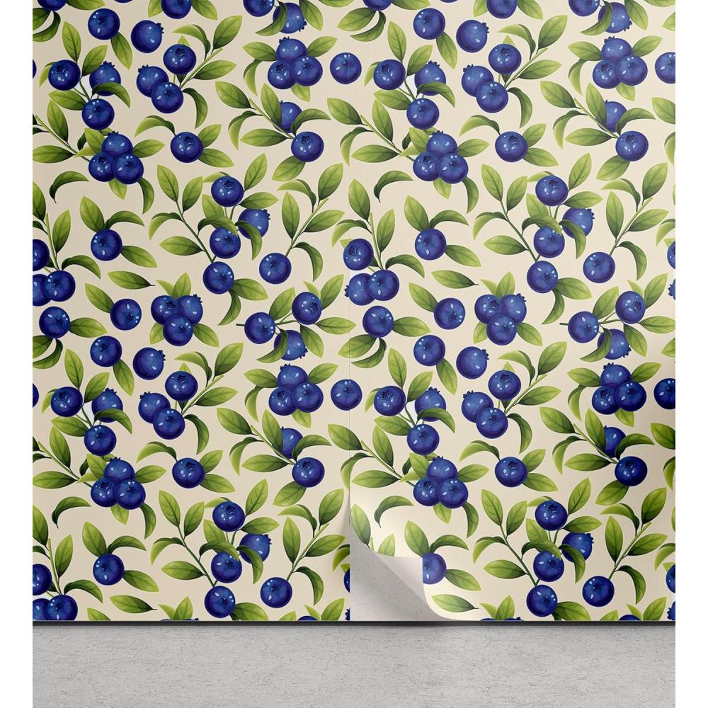 imageAmbesonne Blueberry Peel amp Stick Wallpaper for Home Summer Berries with Leaves on Cream Background Love Botanical Themed SelfAdhesive Living Room Kitchen Accent 13 x 100 Violet Blue Fern GreenViolet Blue Fern Green