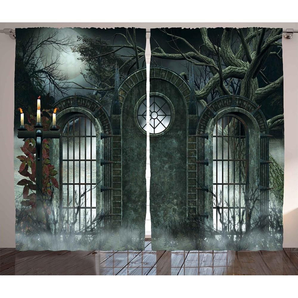 imageAmbesonne Horror House Curtains Moon Halloween Historical Gate Gothic Background Candles Fiction View Print Living Room Bedroom Window Drapes 2 Panel Set 108 X 84 Green BlueGreen Blue