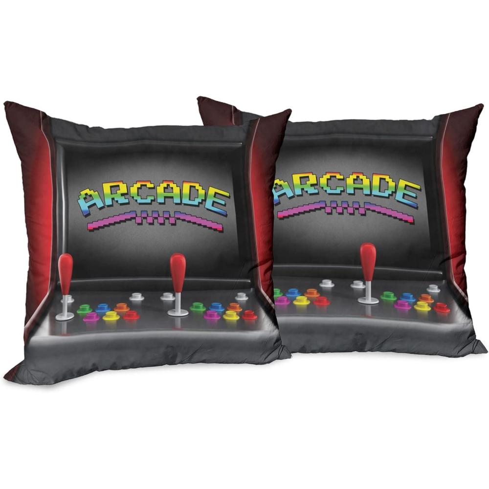 imageAmbesonne Video Games Decorative Throw Pillow Case Pack of 2 Arcade Machine Retro Gaming Fun Joystick Buttons Vintage 80s 90s Electronic Couch Bedroom Living Room Cushion Cover 16 Charcoal Red