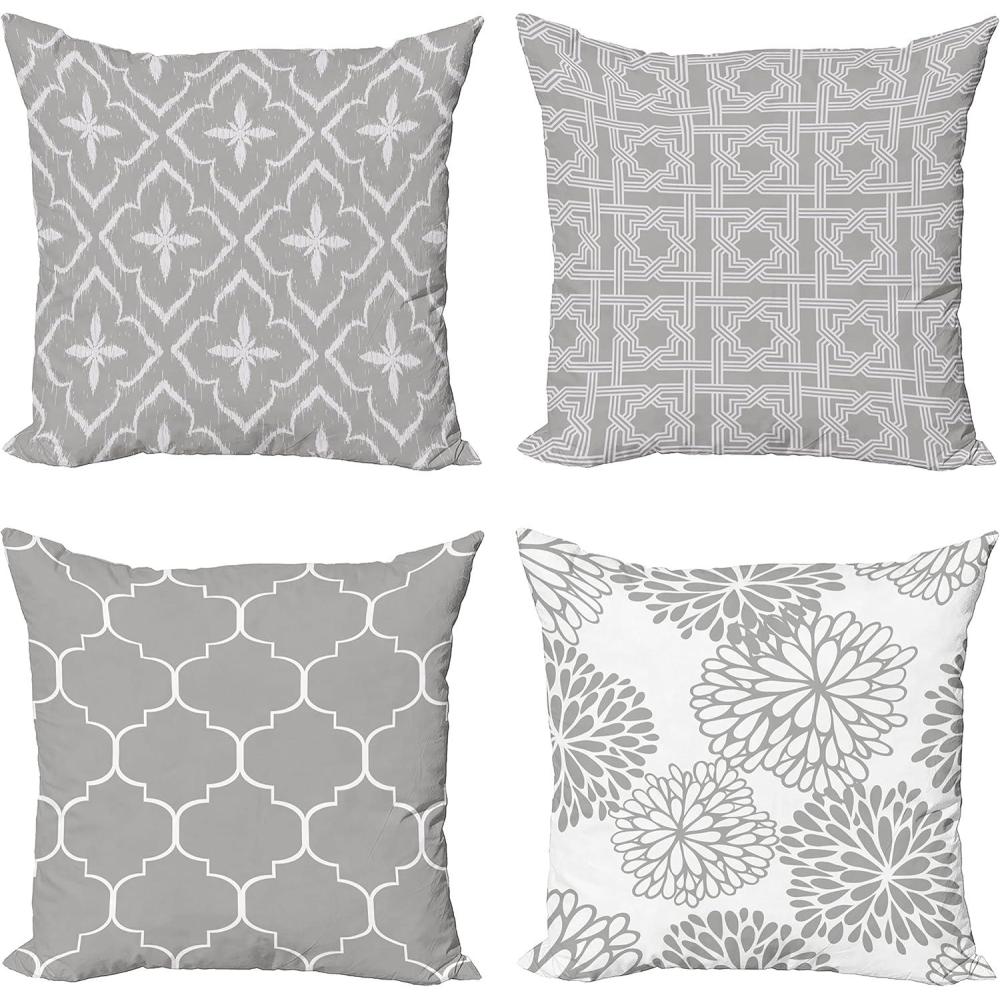 imageAmbesonne Vintage Throw Pillow Cushion Case Pack of 4 Design Grid Trellis Quatrefoil Mesh and Dahlia Flowers Modern Print for Modern Living Room Accent DoubleSided Digital Printing 16 Grey White