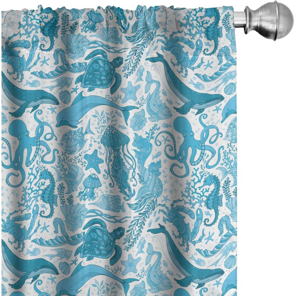 imageAmbesonne Whales Curtains Underwater Life Aquatic Creatures Algae Ocean Fauna Seahorse Octopus Print Window Treatments 2 Panel Set for Living Room Bedroom Pair of 28 x 84 Sea Blue Sky Blue