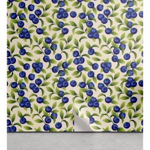 Ambesonne Blueberry Peel & Stick Wallpaper for Home, Summer Berries with Leaves on Cream Background Love Botanical Themed, Self-Adhesive Living Room Kitchen Accent, 13″ x 100″, Violet Blue Fern Green(Violet Blue Fern Green)