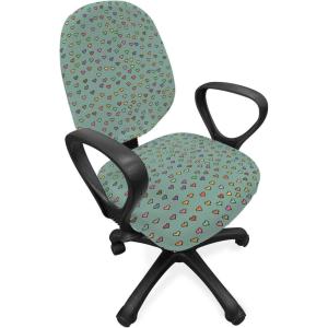 Ambesonne Hearts Office Chair Slipcover, Valentines Day Themed Doodle Hearts Love Friendship on Green Toned Background, Protective Stretch Decorative Fabric Cover, Multicolor