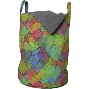 Ambesonne Colorful Laundry Bag, Psychedelic Inspired Heart Youth Valentines Romance Love Doodle Happiness, Hamper Basket with Handles Drawstring Closure for Laundromats, 13″ x 19″, Multicolor