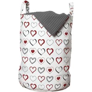 Ambesonne Love Laundry Bag, Hand Drawn Style Doodle Hearts Valentines Day Romance Hipster Modern Pattern, Hamper Basket with Handles Drawstring Closure for Laundromats, 13″ x 19″, Ruby Black White
