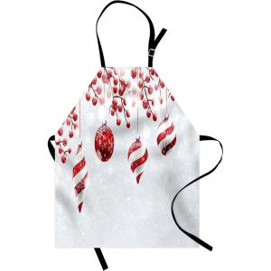 Ambesonne Christmas Apron, Traditional Design Holly Berry Branches Snow and Bokeh Effect Print, Unisex Kitchen Bib with Adjustable Neck for Cooking Gardening, Adult Size, White and Red