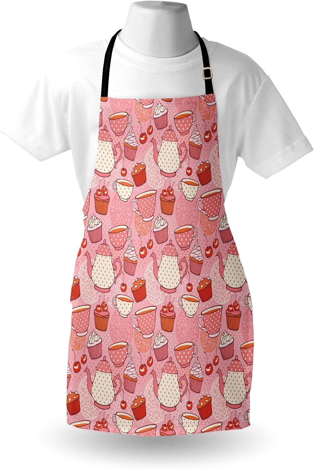 imageAmbesonne Cartoon Apron Teapots Cups with Polka Dots Patterns Cherries Cakes Tea Coffee Pattern Unisex Kitchen Bib with Adjustable Neck for Cooking Gardening Adult Size Orange Pink