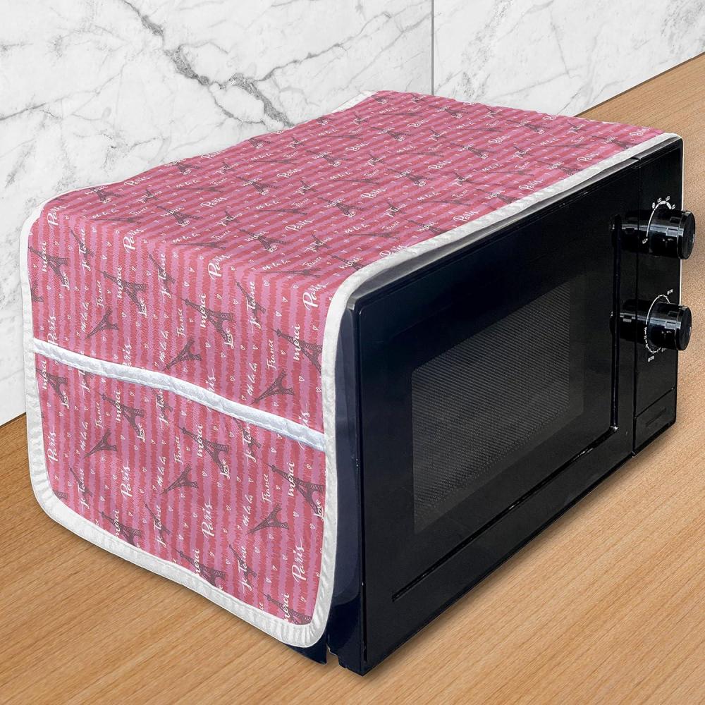imageAmbesonne Eiffel Microwave Oven Cover Valentines Day Inspired Pattern with France Paris Oh La La Texts Heart Shapes Water Resistant Organizer with Pockets for Kitchen 36 x 12 Pink White BlackPink White Black