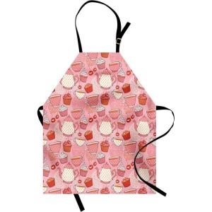 Ambesonne Cartoon Apron, Teapots Cups with Polka Dots Patterns Cherries Cakes Tea Coffee Pattern, Unisex Kitchen Bib with Adjustable Neck for Cooking Gardening, Adult Size, Orange Pink