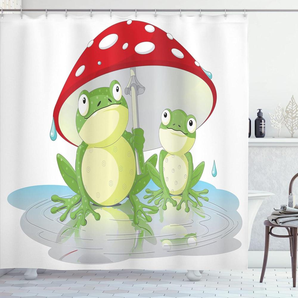 imageAmbesonne Frogs Shower Curtain Amphibian Animals Under Mushroom Umbrella in Rain Cartoon Illustration Cloth Fabric Bathroom Decor Set with Hooks 69 W x 75 L Dark Pink Green