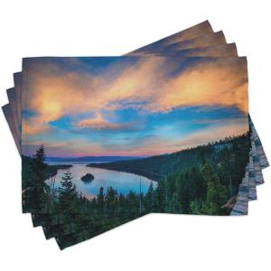 Ambesonne Lake Tahoe Place Mats Set of 4, High Angle View Californian Freshwater Lake Tranquil Scene Sundown, Washable Fabric Placemats for Dining Table, Standard Size, Forest Green