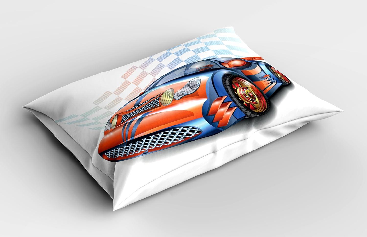 imageAmbesonne Cars Pillow Sham Cartoon Style Speeding Racing Car Event Championship Racetrack Victory Drive Decorative Standard Size Printed Pillowcase 26 X 20 Orange Blue