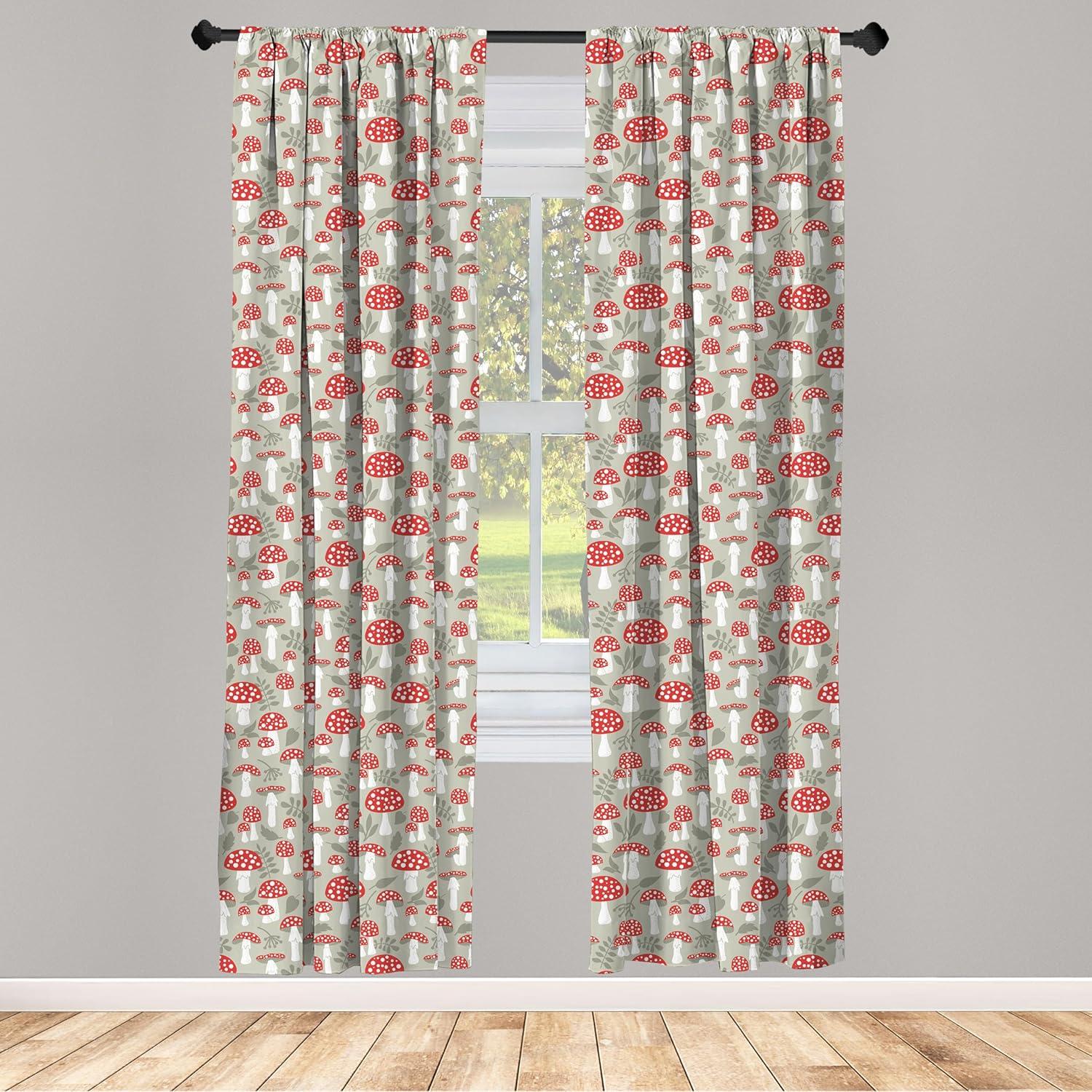 imageAmbesonne Cartoon Window Curtains Poisonous Amanita Mushroom Pattern with Foliage and Berry Silhouettes Lightweight Decor 2Panel Set with Rod Pocket Pair of 28 x 84 Pale Sage Green White