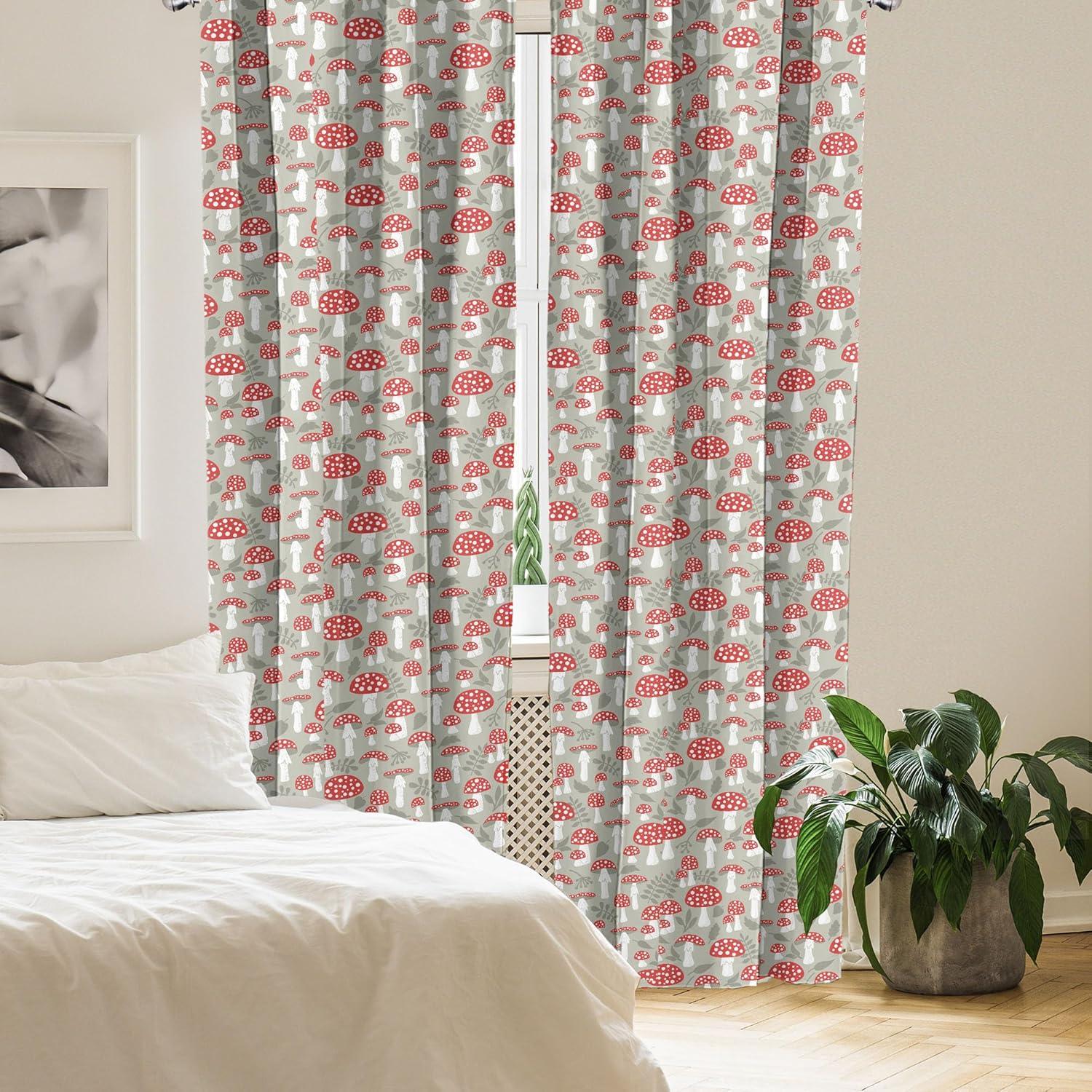 imageAmbesonne Cartoon Window Curtains Poisonous Amanita Mushroom Pattern with Foliage and Berry Silhouettes Lightweight Decor 2Panel Set with Rod Pocket Pair of 28 x 84 Pale Sage Green White