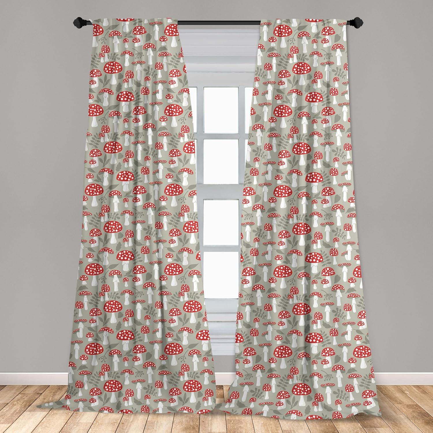 imageAmbesonne Cartoon Window Curtains Poisonous Amanita Mushroom Pattern with Foliage and Berry Silhouettes Lightweight Decor 2Panel Set with Rod Pocket Pair of 28 x 84 Pale Sage Green White