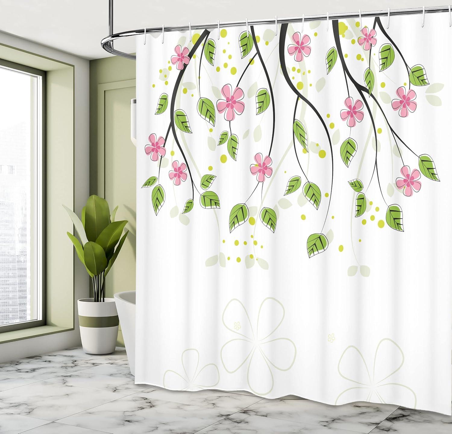 imageAmbesonne Floral Shower Curtain Branch with Flowers Leaves Cartoon Illustration Happy Summer Nature Art Cloth Fabric Bathroom Decor Set with Hooks 69 W x 70 L Pink Green