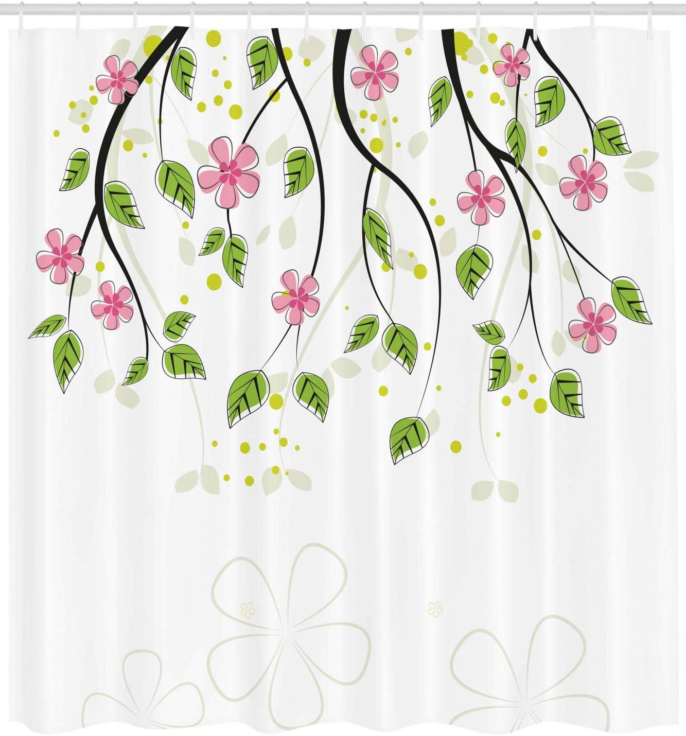 imageAmbesonne Floral Shower Curtain Branch with Flowers Leaves Cartoon Illustration Happy Summer Nature Art Cloth Fabric Bathroom Decor Set with Hooks 69 W x 70 L Pink Green