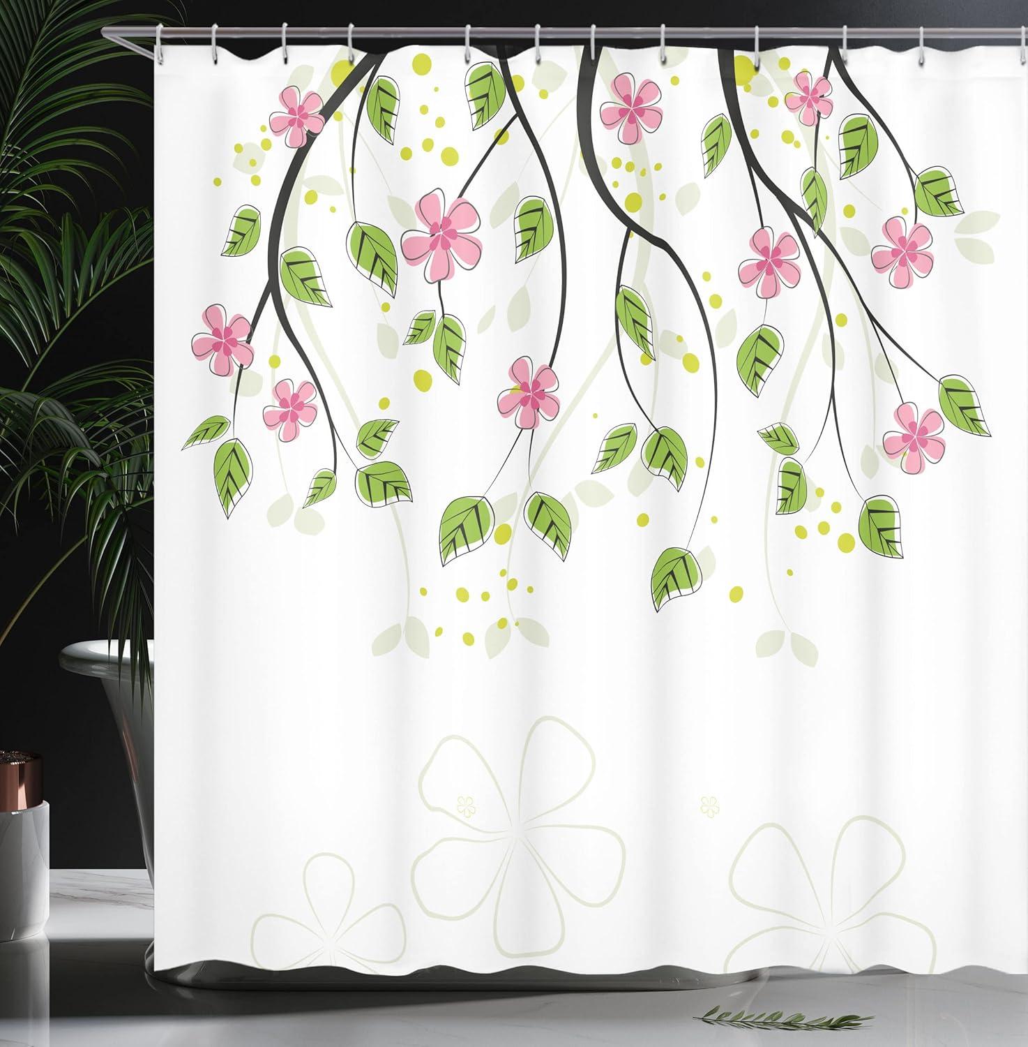 imageAmbesonne Floral Shower Curtain Branch with Flowers Leaves Cartoon Illustration Happy Summer Nature Art Cloth Fabric Bathroom Decor Set with Hooks 69 W x 70 L Pink Green