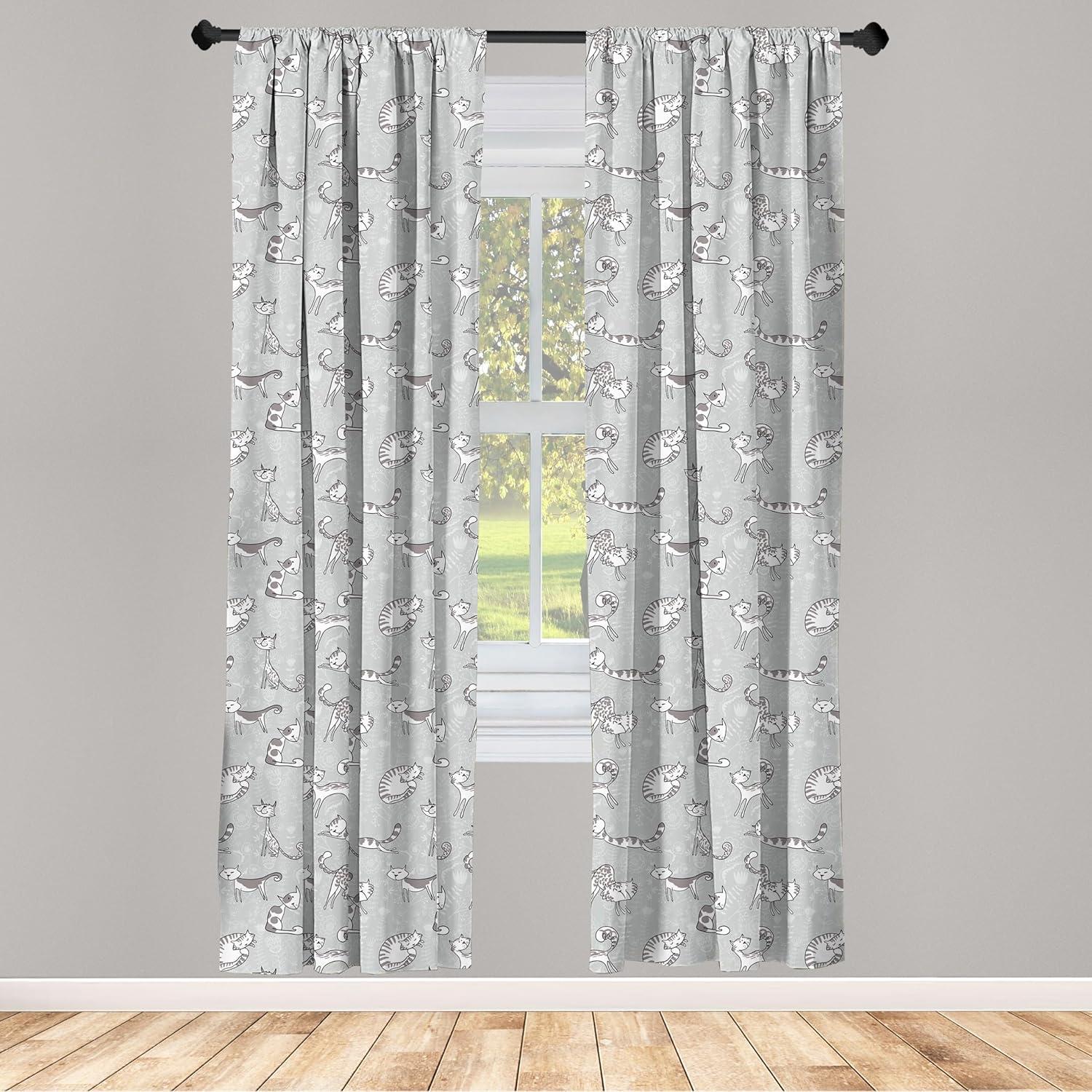 imageAmbesonne Grey Window Curtains Cats Posing Over Floral Background Feline Kitten Kitty Cartoon Art Prints Lightweight Decor 2Panel Set with Rod Pocket Pair of 28 x 84 Grey