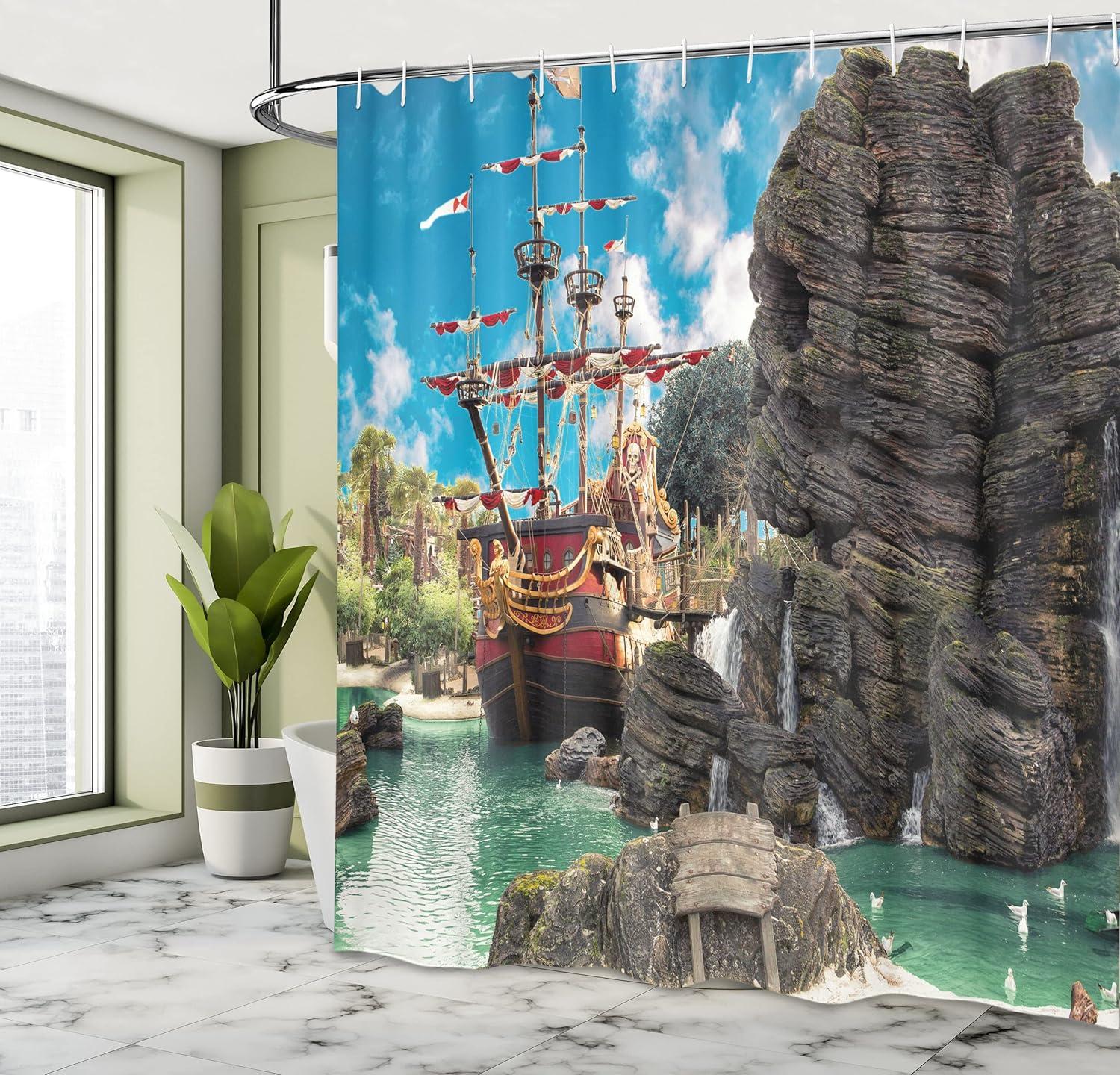 imageAmbesonne Man Cave Shower Curtain Cartoon Monster Truck with Huge Tyres OffRoad Heavy Large Tractor Wheels Turbo Cloth Fabric Bathroom Decor Set with Hooks 69 W x 70 L Orange BlueSea Green