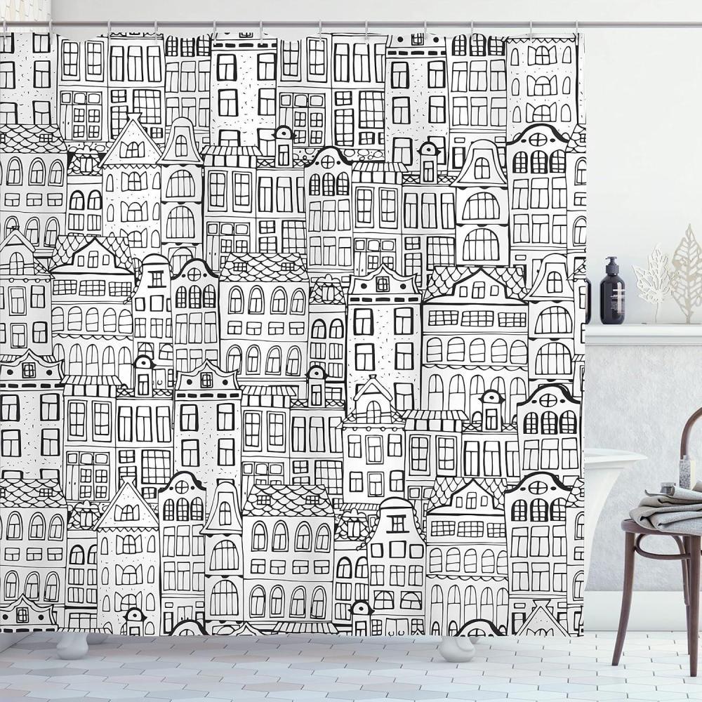 imageAmbesonne Amsterdam Shower Curtain Monochrome Style Cartoon Drawing of Historic Houses Clutter City Town Cloth Fabric Bathroom Decor Set with Hooks 69 W x 75 L Charcoal White