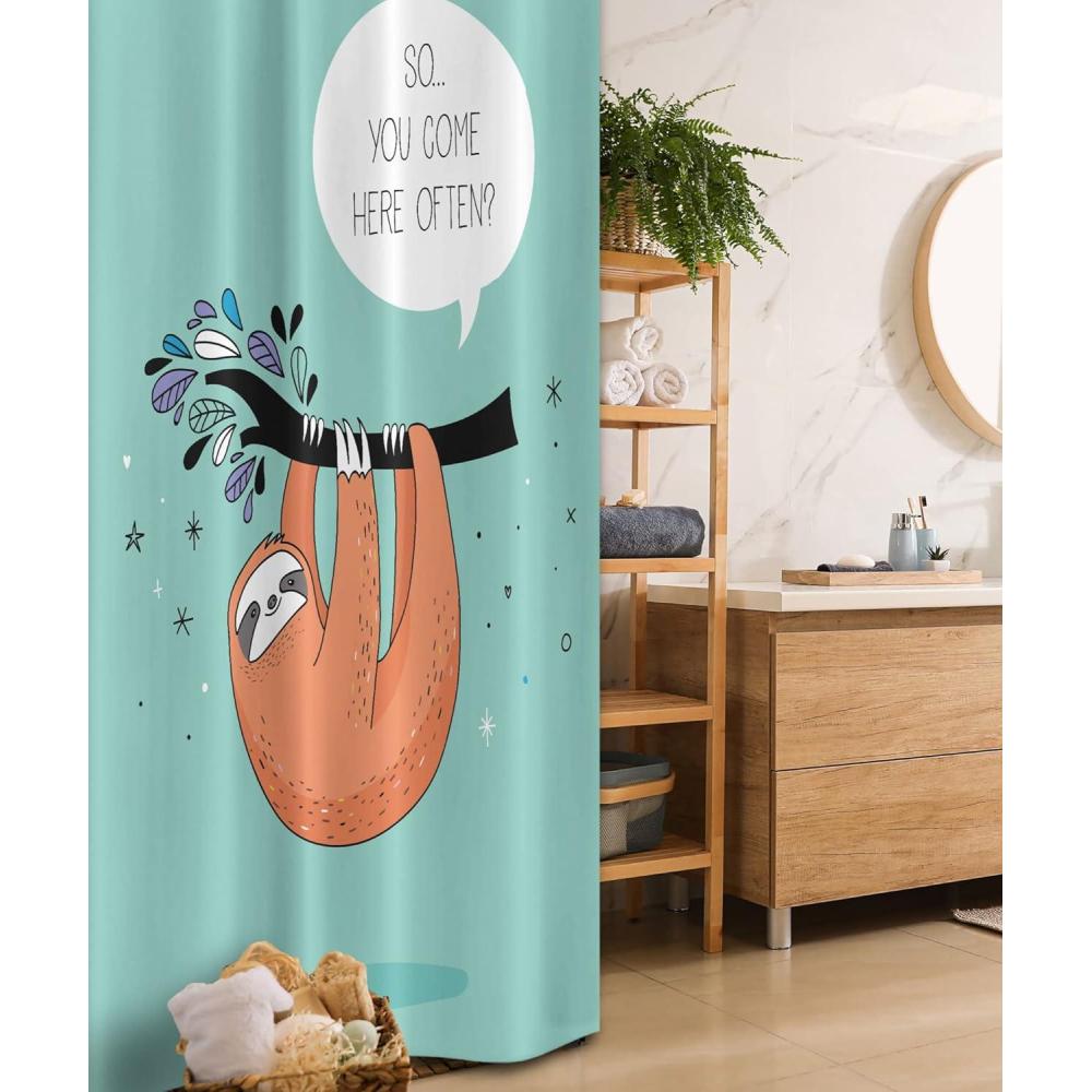 imageAmbesonne Animal Stall Shower Curtain Cartoon Design Print Sloth a Flirty Words So You Come Here Often Color Image Fabric Bathroom Decor Set with Hooks 36 W x 72 L Seafoam Multicolor